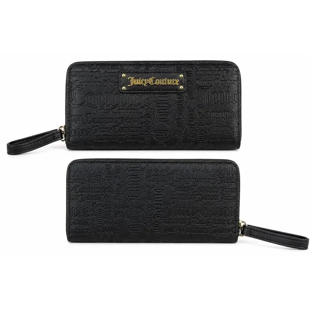 Juicy Couture Black Gothic Embossed Zip Around Wristlet Wallet NIB Y2K McBling